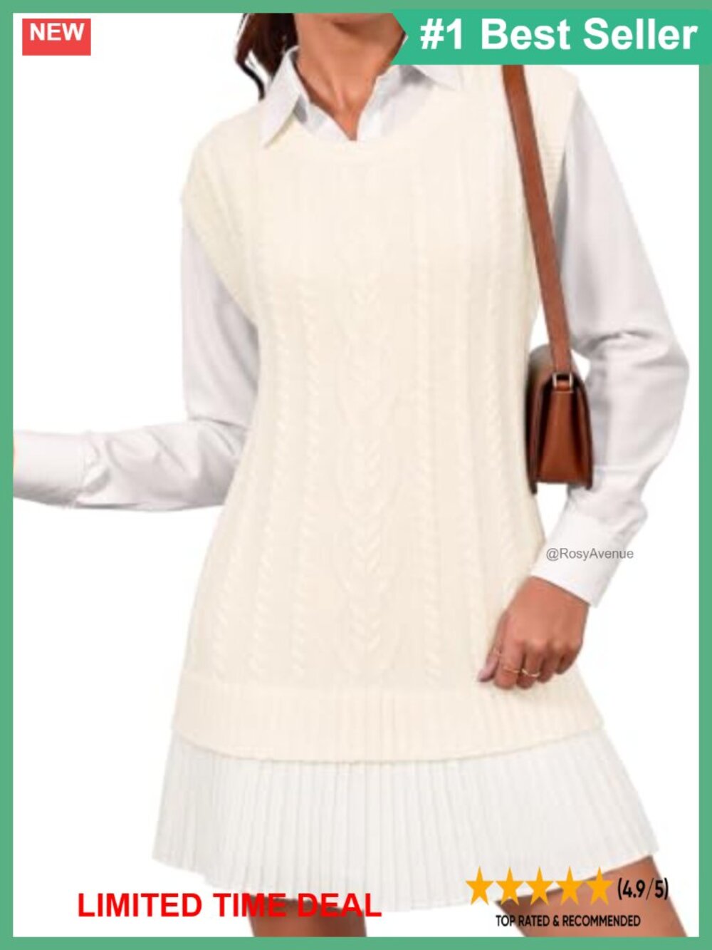Cable Knit Twofer Sweater Dress Sleeveless Pleated Mini Patchwork